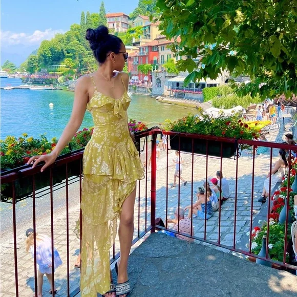 Unique Spaghetti Straps Lemon Yellow Tiered Long Prom Dress Sexy Party Evening Gown cc1495