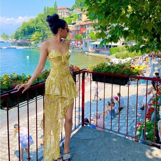 Unique Spaghetti Straps Lemon Yellow Tiered Long Prom Dress Sexy Party Evening Gown cc1495