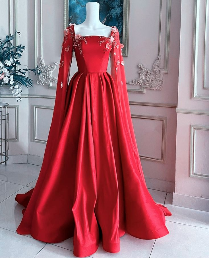 Luxurious Red Satin Appliques Long A Line Evening Dress Formal Prom Dress With Cape cc1576