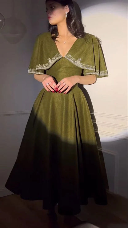 Retro Style V Neck Long Prom Dress,Winter Dance Dress cc578