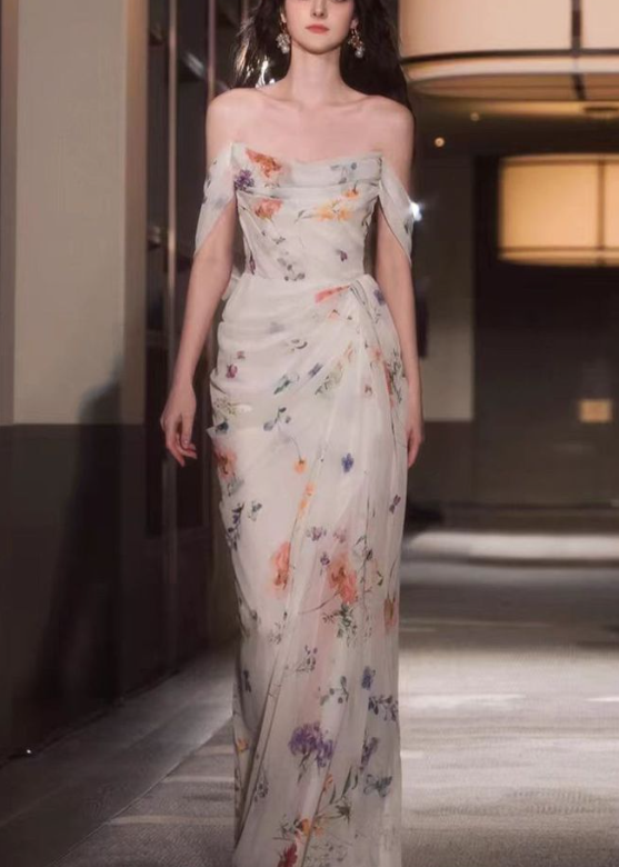 Fairy Chiffon Print Long Mermaid Pleated Evening Dress White Formal Prom Dress cc1481