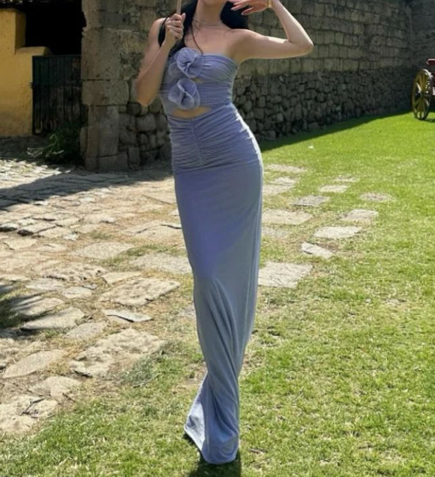 Chic Strapless Purple Sheath Prom Dress Long Party Dress With Flowers cc2051