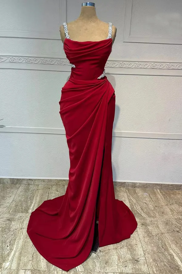 Fashion Burgundy Mermaid Pleated Prom Dress Slit Party Evening Gown cc1741