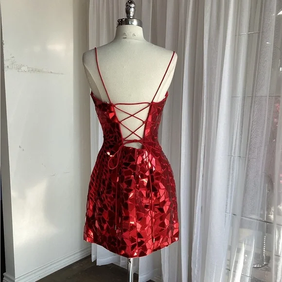Gorgeous Spaghetti Straps Red Sequin Sheath Short Cocktail Dress Formal Graduation Homecoming Dress cc3472