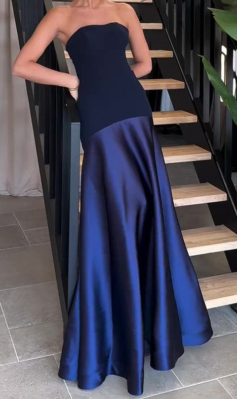 Sexy Strapless Navy Blue Long Prom Dress Formal A Line Evening Dress cc1516