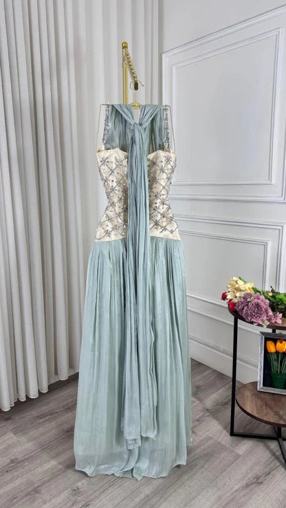 Elegant Light Blue A-line Rhinestone Deep V Halter Neck Chiffon Long Prom Dress Evening Dress cc4948