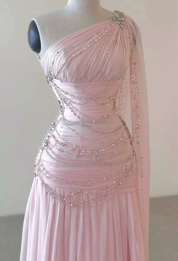 Vintage One Shoulder Pink Beaded  A Line Chiffon Evening Dress Elegant Prom Dress cc1659
