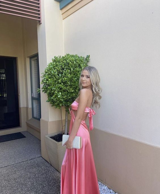 Sexy Backless Pink A Line Satin Evening Dress Long Prom Party Dress cc1839
