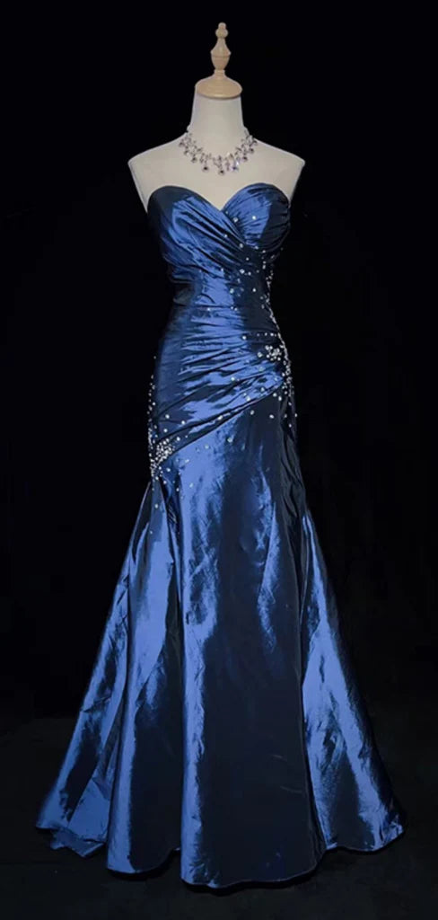Sexy Sweetheart Blue Mermaid Satin Beaded Long Prom Dress Party Gown cc1550