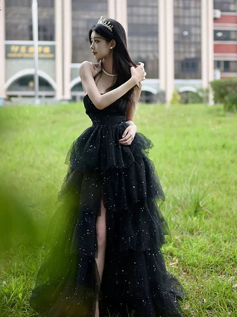 Glitter Black Tulle Layered Long Prom Dress Slit Fairy Ball Gown Party Dress cc1512