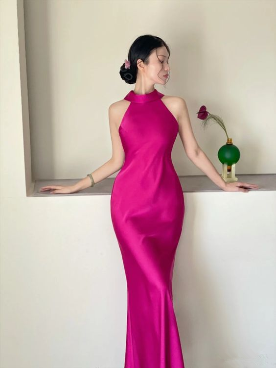 Simple Pure Color Sleeveless Long Evening Dress cc1261