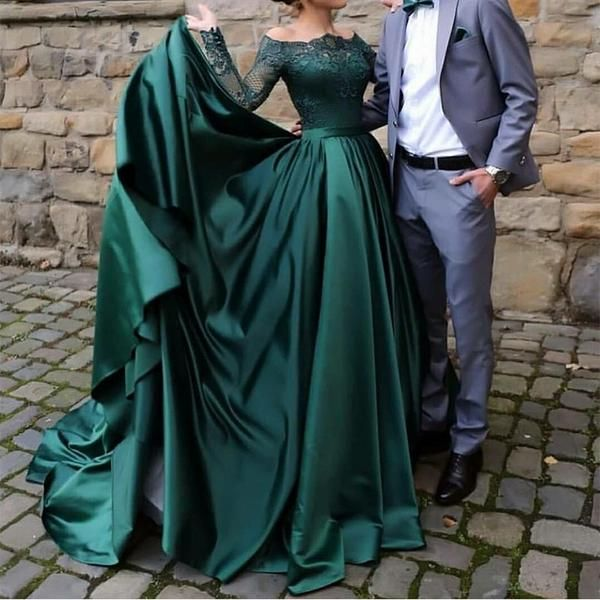 modest dark green party dress, off the shoulder prom dresses ,prom dress with long sleeves, evening gowns with lace C1642