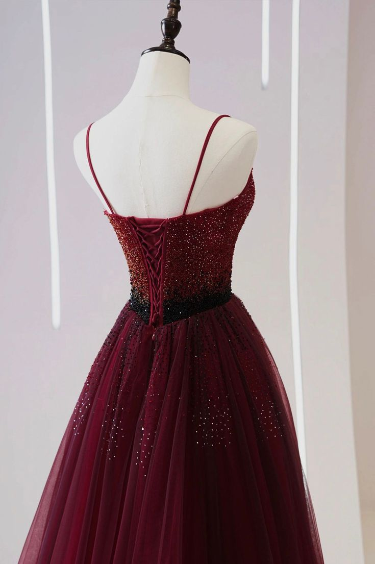 Burgundy Tulle Beaded Long Prom Dress, A-Line Spaghetti Strap Evening Dress cc973