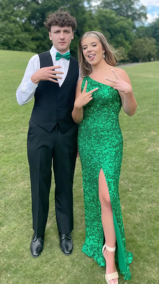 Shiny Green Sequins One Shoulder Slit Prom Dress Mermaid Party Evening Dress cc2027