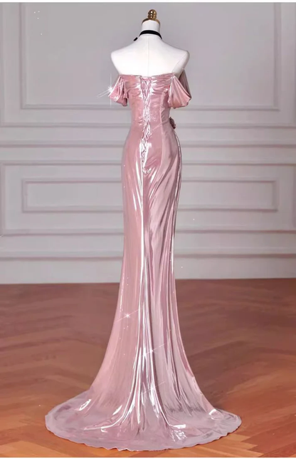 Charming Pink Mermaid Strapless Long Prom Dress,Off The Shoulder Evening Dress  cc2535