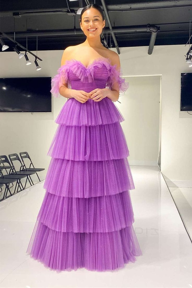 Elegant Off Shoulder Layered Purple Tulle Long Prom Dress, Purple Formal Graduation Evening Dress cc777