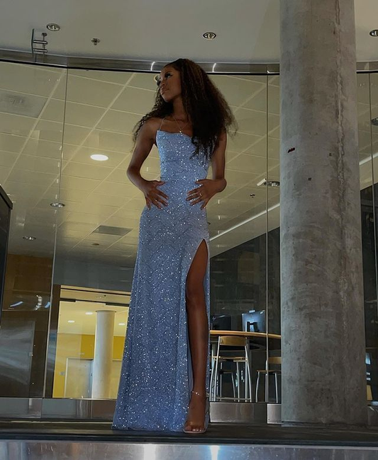 Sparkly Blue Mermaid Sequin Evening Dress,Spaghetti Straps Long Prom Dress Party Dress cc2590