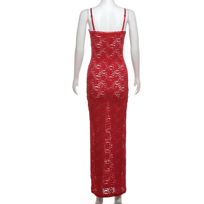 Sexy Red Lace Sheath Prom Dress Spaghetti Straps Party Evening Dress cc1811