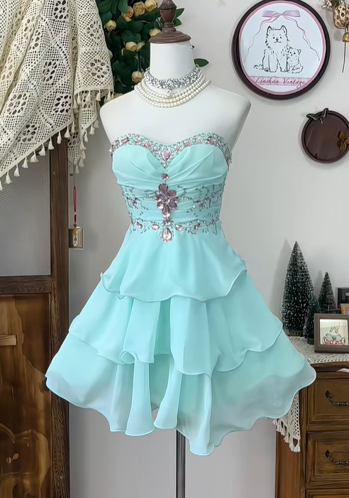 Elegant Strapless Chiffon Beaded A Line Mini Birthday Dress Blue Grade Homecoming Dress cc3110