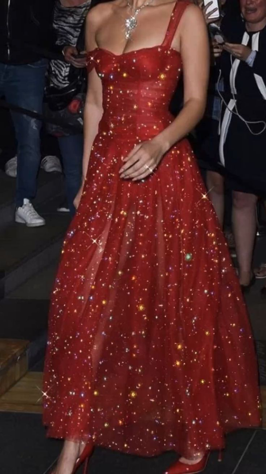 Sparkly Red Tulle A Line Evening Dress Pretty Prom Party Dress cc1837
