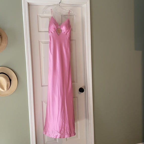 Pink Satin Beaded Evening Dress,Spaghetti Straps Party Prom Dress cc2669