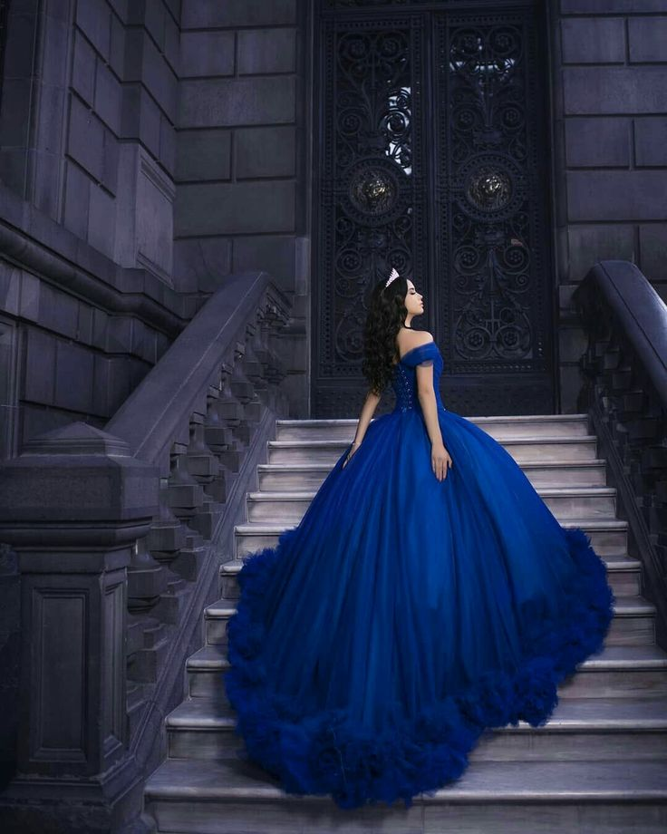 Off Shoulder Ball Gown Women Royal Blue Ruffle Princess Sweet 16 Dress  cc72
