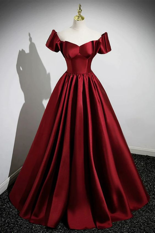 A Line Burgundy Satin Floor Length Prom Dress, Off the Shoulder New Party Dress cc1349