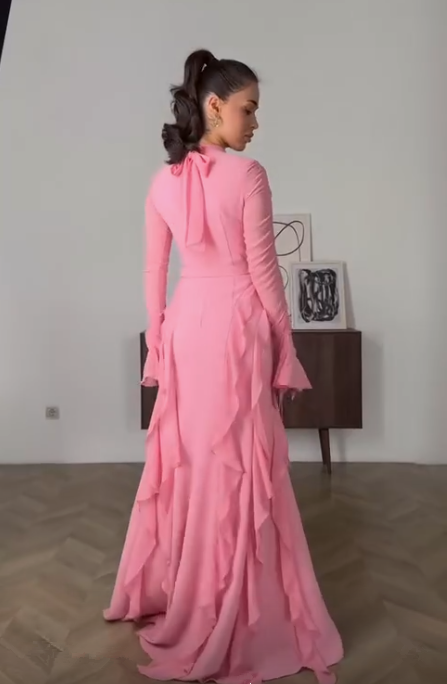 Pink Chiffon Ruffles Long Party Evening Dress cc2398