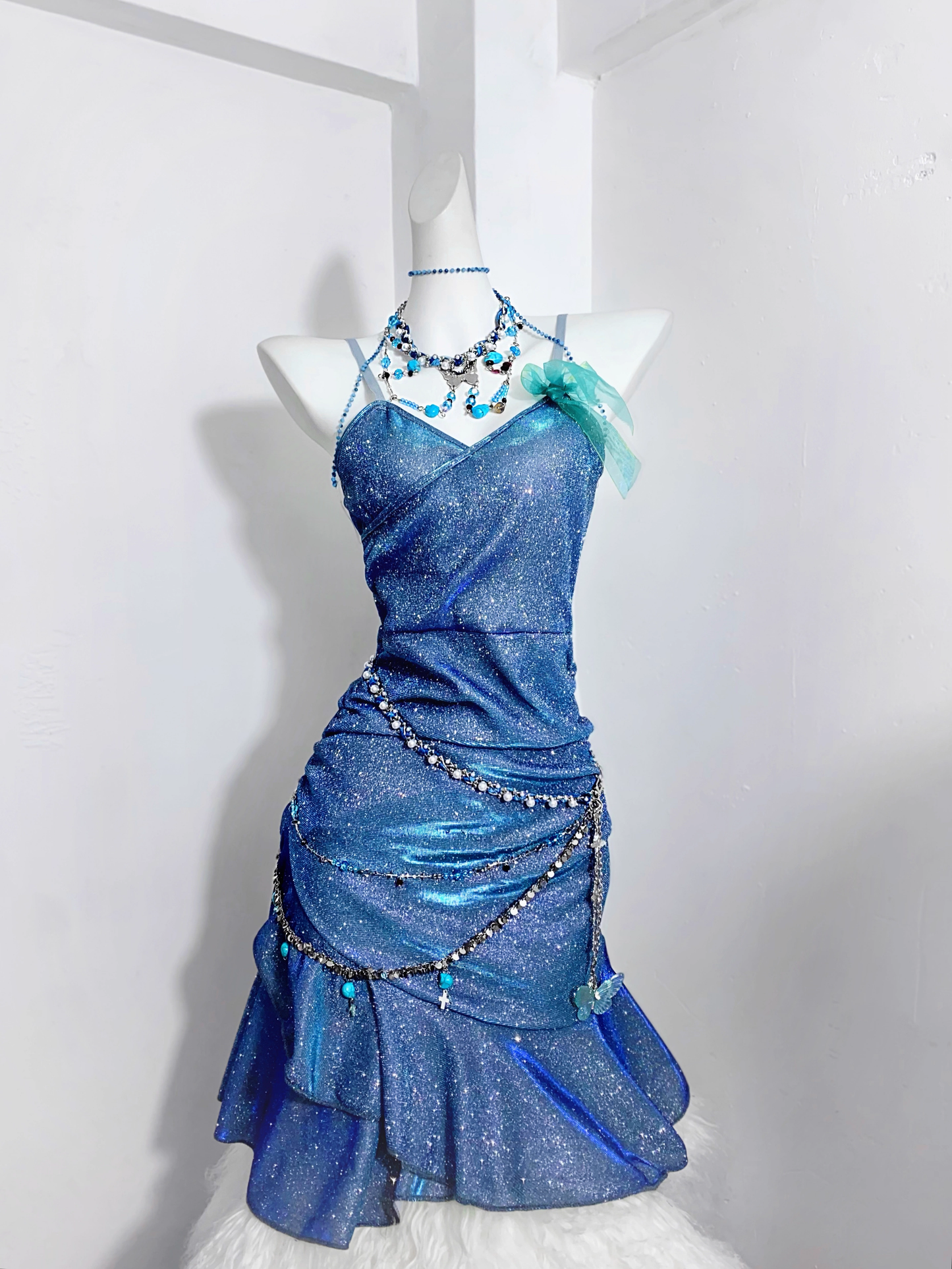Glitter Blue Spaghetti Straps Short Ruffle Cocktail Dress Formal Homecoming Dress cc3229