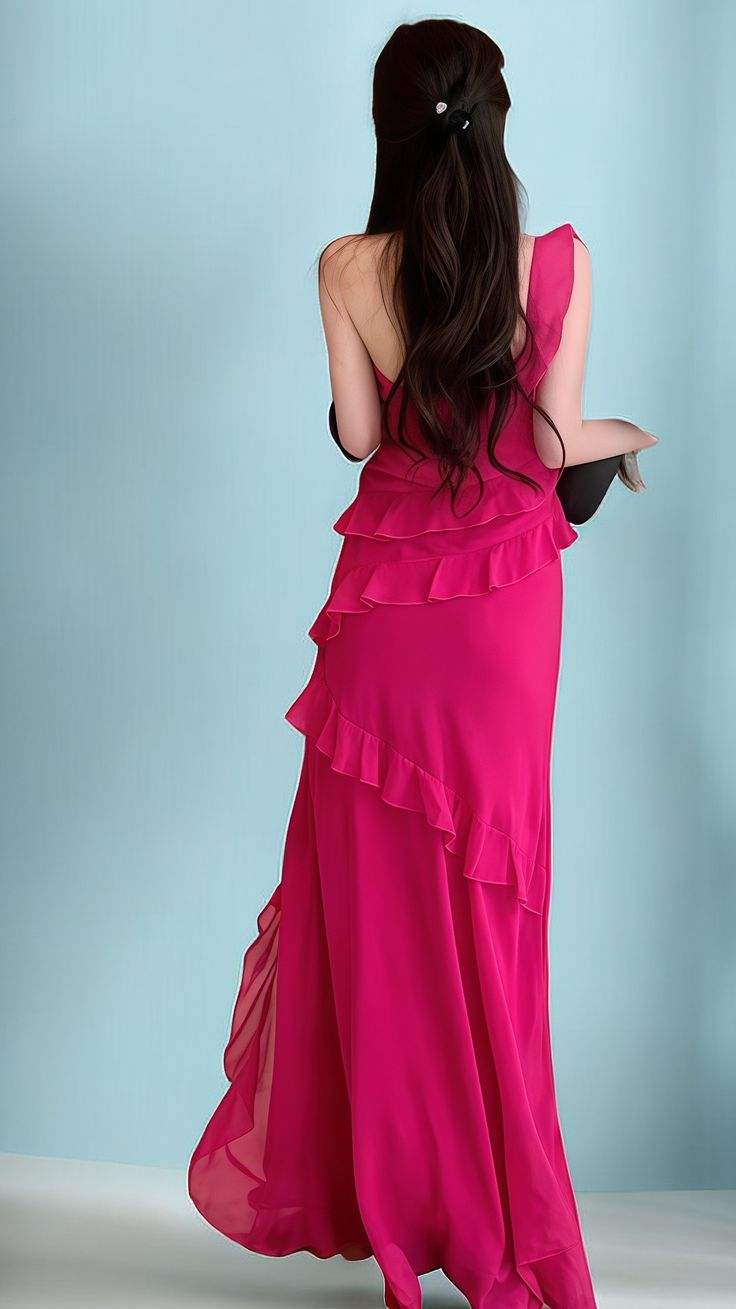 Pretty Hot Pink Ruffles Long Party Dress Chiffon Slit Prom Evenign Dress cc2235