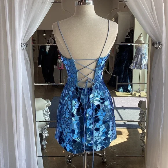 Gorgeous Spaghetti Straps Blue Sequin Sheath Short Cocktail Dress Formal Graduation Homecoming Dress cc3473