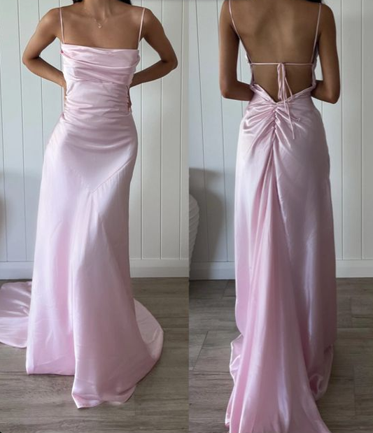 Pink Straps Satin Backless Long Party Evening Dress cc2001