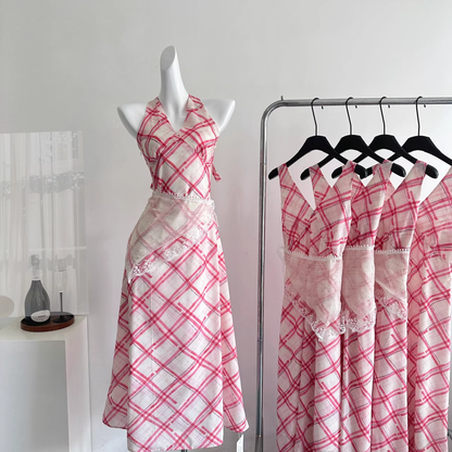 Red White Grid French A Line Vacation Dress Birthday Dress cc3057
