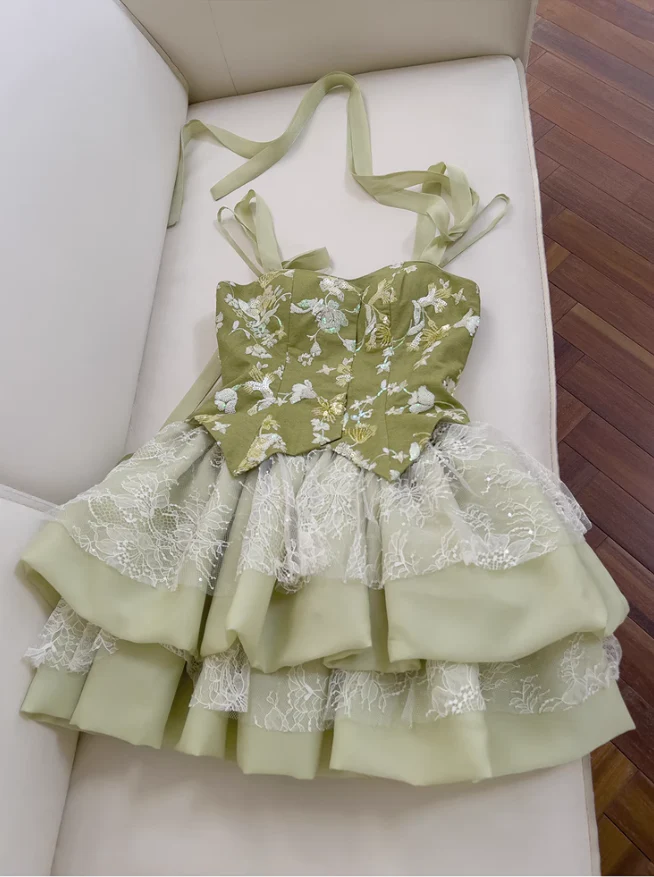 Pretty Green Satin Lace Short homecoming Dress Birthday Outfits cc3121