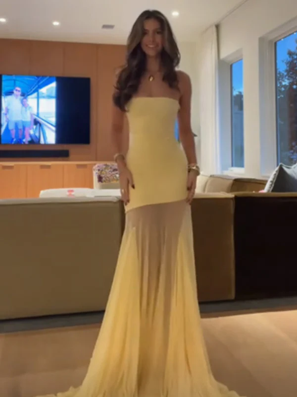 Chic Yellow Strapless Satin Long Prom Dress Formnal Party Dress cc2379