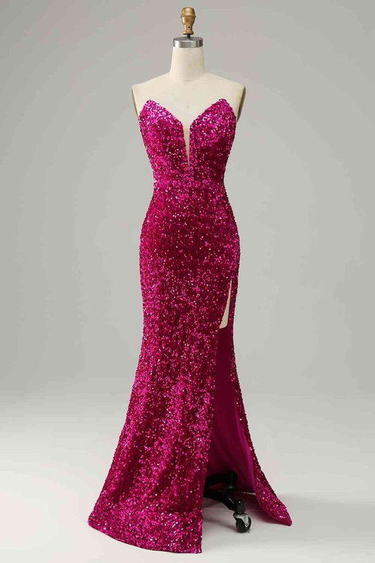 Fuchsia Strapless Sequins Long Prom Dress with Slit cc1004