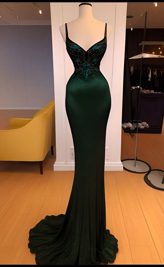 Vintage Dark Green Satin Mermaid Beaded Prom Evening Dress Long Party Dress cc1924
