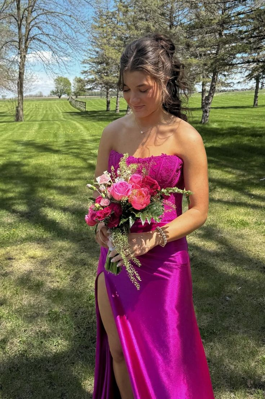 Elegant Strapless Fuchsia Lace Satin Mermaid Party Dress Slit Prom Dress cc2116