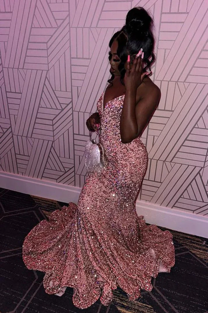 Pink Sequin Mermaid Evening Dress Strapless Long Prom Dress  cc2024