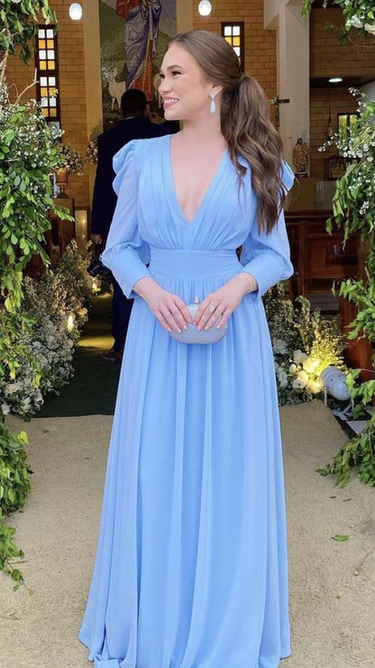 Light Blue Long Sleeves Chiffon Prom Dress Evening Dress cc895