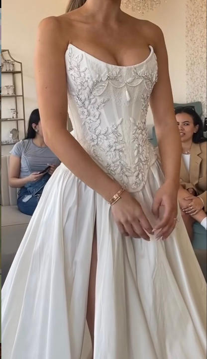 Charming Beaded Satin A Line Slit Prom Dress White Wedding Dress cc1430