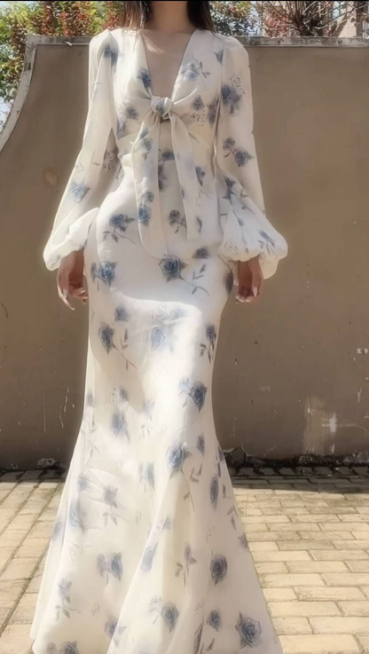 Classy Ice Blue Chiffon Rose Print Floral Prom Party Dress,Long Mermaid Evening Dress cc2847