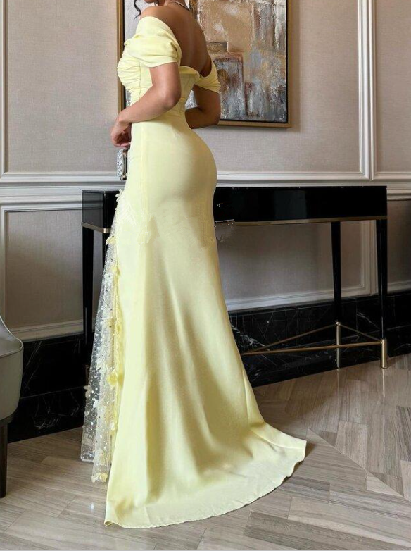 Off The Shoulder Yellow Slit Beaded Long Prom Dress Formal Evening Dress cc2132