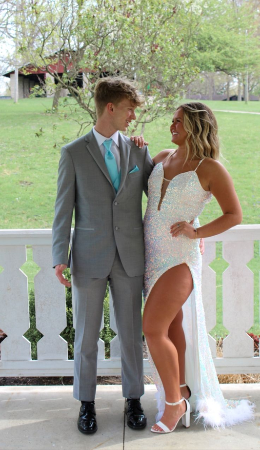 Glitter White Sequins Prom Dress With Hem Feathers  cc807