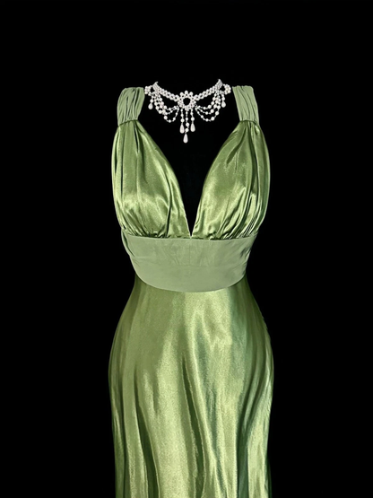 Sexy Green Prom Dress Satin V-Neck Backless Pleated Evening Dress cc3015
