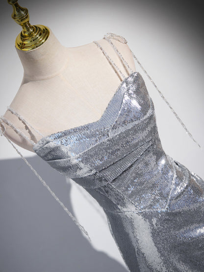 Charming Silver Mermaid Sequins Spaghetti Straps Pleated Prom Dress Long Party Dress  cc1556