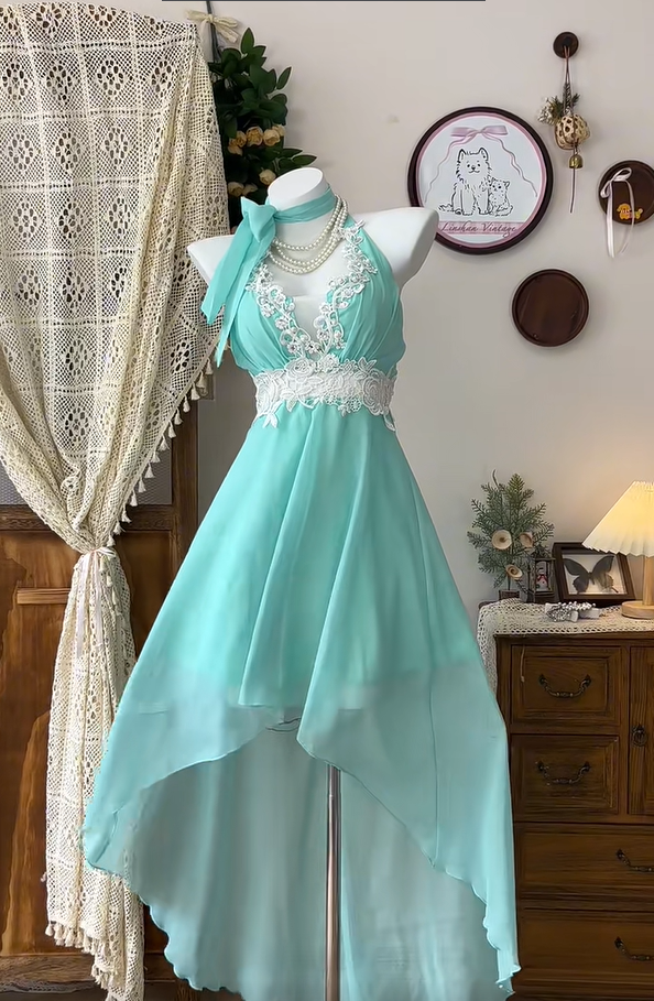 Vintage Hi-Low Chiffon Appliques Party Dress A Line Homecoming Dress cc3081