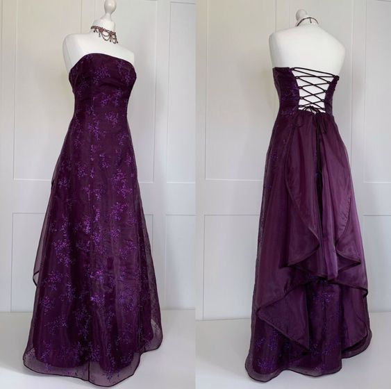 Vintage Strapless Grape Lace Long Prom Dress Party Evening Dress cc1657