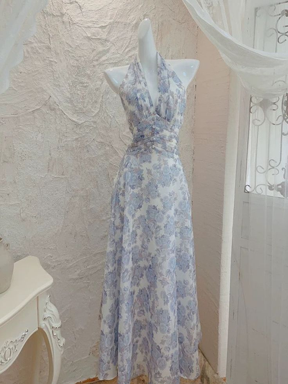 Sexy Chiffon Print Floral Long Prom Dress Halter V Neck Party Evening Gown cc1480