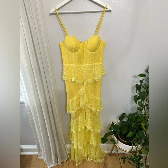 Sexy Yellow Lace Layered Slit Prom Dress Spaghetti Straps Long Party Evening Dress cc1530